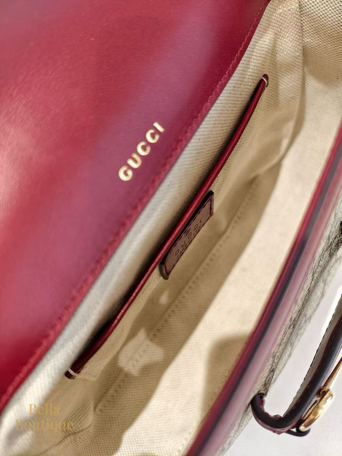 شنطة Gucci هورسبيت ١٩٥٥ ميني أصلية — من الداخل